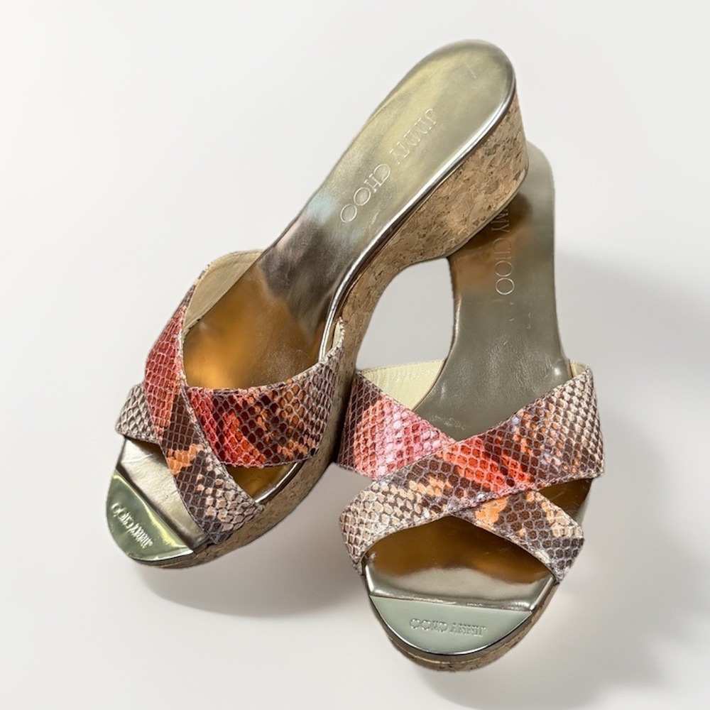 Jimmy Choo Multicolor Snake Print Leather Wedge Mule Slip-On Women's 7.5